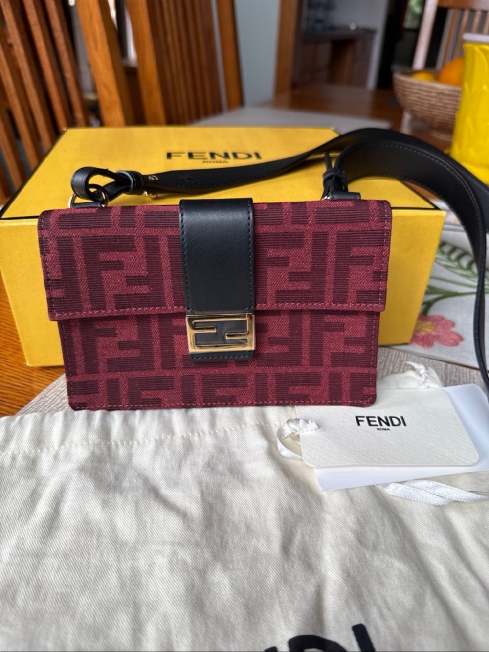 NIB Fendi Burgundy Zucca Flat Baguette crossbody bag (Retail $2,500)